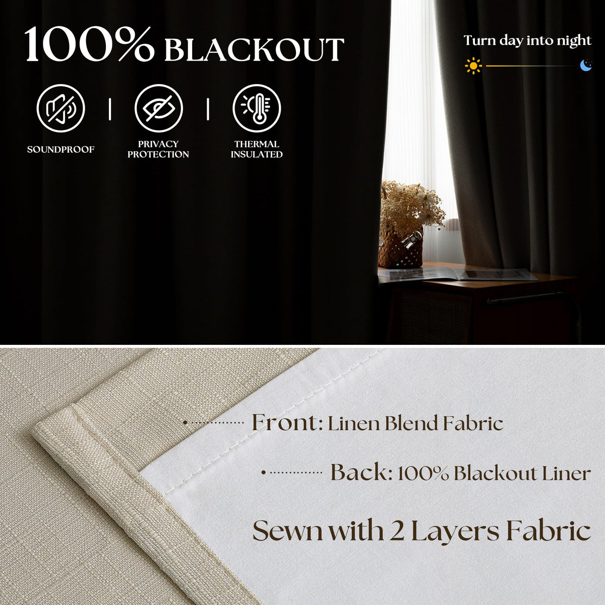 Cream Beige Blackout Linen Curtains 102 Inches Long for Bedroom Pinch Pleated Black Out Curtains Lined 2 Layers Memory Shape Noise Reducing Rustic Farmhouse Living Room Darkening Window Drapes 50x102 (Cream Beige / 50"W x 102"L (Pack of 2))