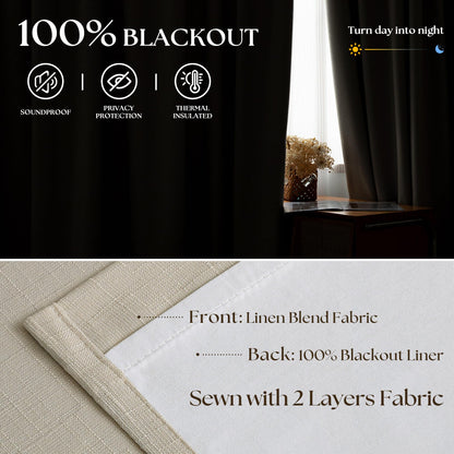 Cream Beige Blackout Linen Curtains 102 Inches Long for Bedroom Pinch Pleated Black Out Curtains Lined 2 Layers Memory Shape Noise Reducing Rustic Farmhouse Living Room Darkening Window Drapes 50x102 (Cream Beige / 50"W x 102"L (Pack of 2))