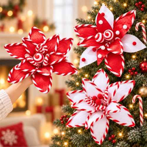 6 PCS Red Candy Cane Poinsettia Picks Artificial Christmas Flowers (Red)