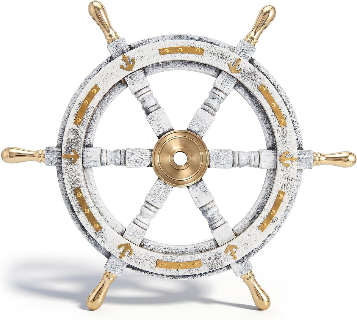 Coastal Voyage Antique White Finish Vintage Wooden Ship Wheel Nautical Wall Decor (White / 18"L x 18"W)