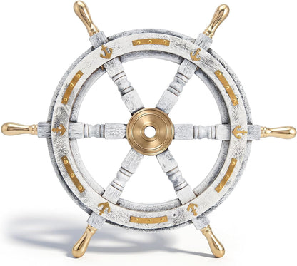 Coastal Voyage Antique White Finish Vintage Wooden Ship Wheel Nautical Wall Decor (White / 18"L x 18"W)