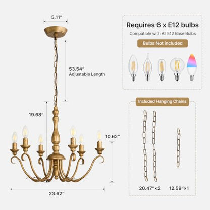 Farmhouse Vintage Antique Brass Chandelier
