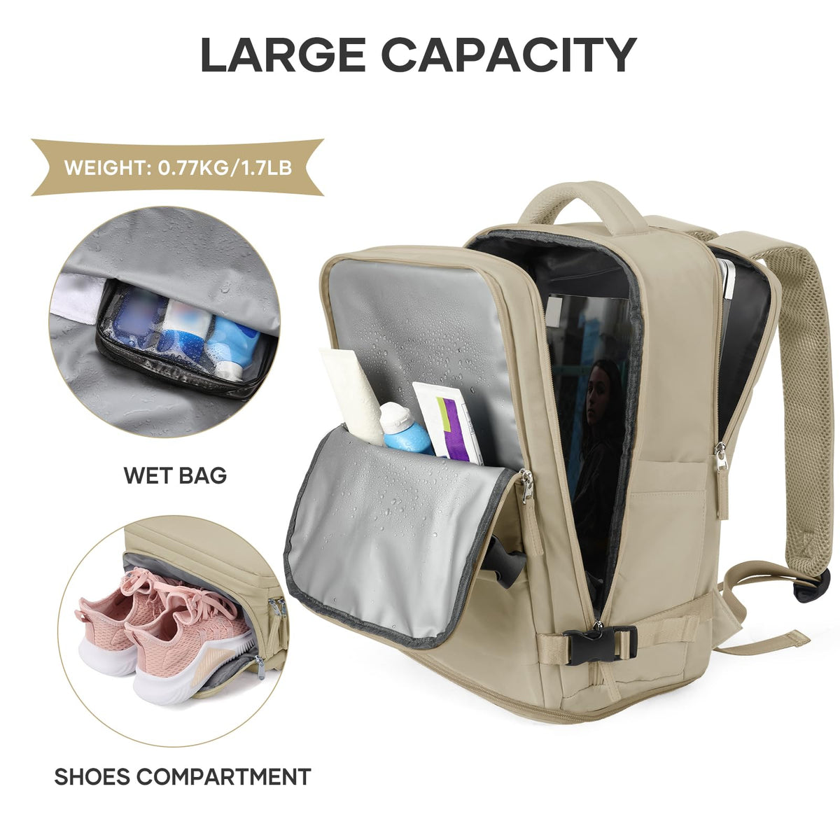 Travel Backpack For Women Men (Khaki / 25 liters)