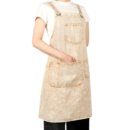 Denim Apron with Pockets and Adjustable Cross Straps for Hair Stylist Salon Nail Tech Barber Women Jean Aprons (Khaki)
