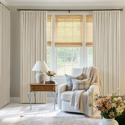 Beige Cream Linen Blackout 96 Inch Curtains for Living Room 2 Panels Set Pinch Pleated Back Tab Drapes Farmhouse Thermal Insulated Full Black Out Curtains 96 Length High Ceiling to Floor 50 Inch Wide (Cream Beige / 50"W x 96"L (Pack of 2))