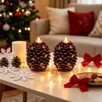 Pine Cone Flameless Candles with 6H Timer String Lights (2-Gold)