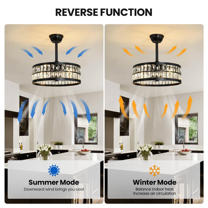 Black Caged Ceiling Fan with Light and Remote Control 19" Bladeless Crystal Modern Fandelier Semi Flush Mount Farmhouse Chandelier Ceiling Fan for Kitchen Bedroom Dining Room (Black)