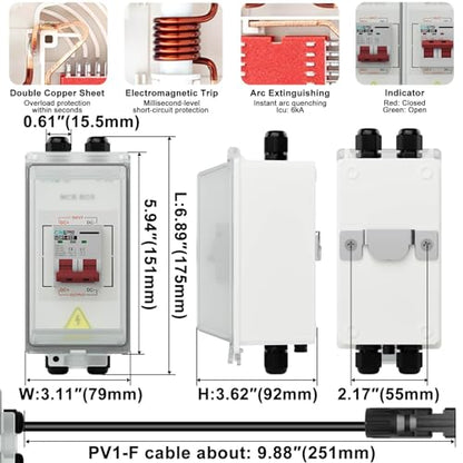 CNLONQ Solar PV Disconnect Switch 20~63A 1000V DC Miniature Circuit Breaker IP66 Waterproof with PV Connector and Install Hook for RV