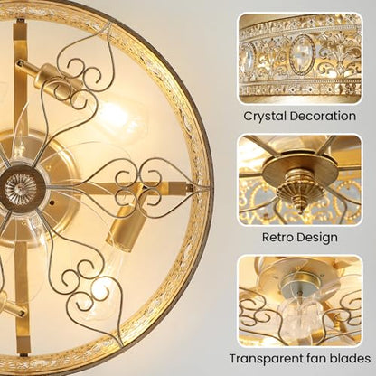 Caged Ceiling Fan with Lights 19" Gold Vintage Rustic Crystal Fandelier Farmhouse Ceiling Fan with Remote Low Profile Bladeless Chandelier Fan Light Fixture for Bedroom Kitchen Living Room (Gold / Flush Mount)
