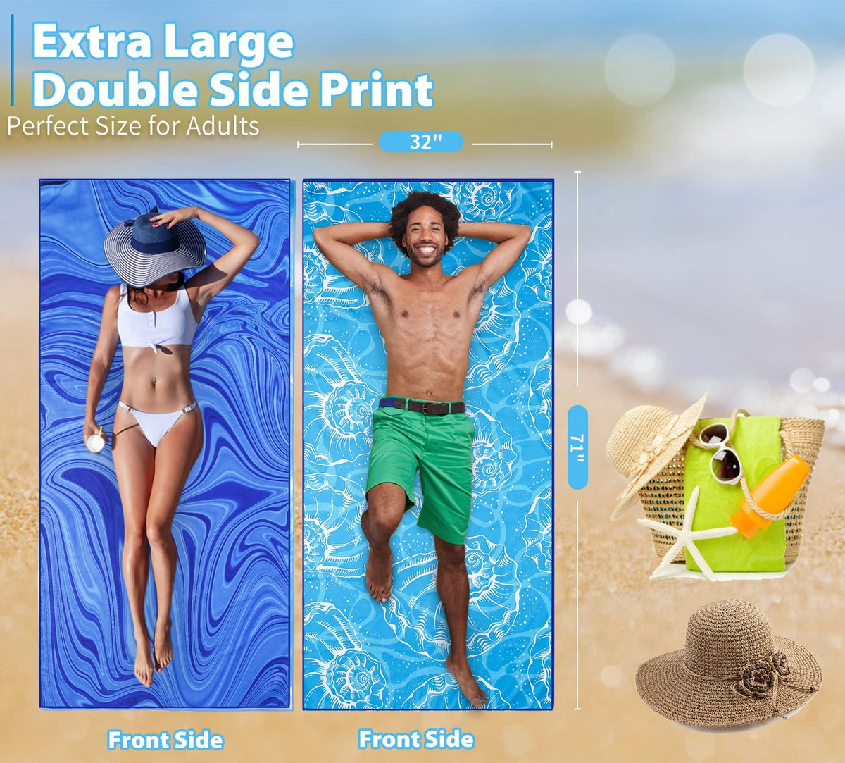 Microfiber Beach Towel Extra Large 71x32 Blue Shell 2 Pack (Blue Shell / 71 x 32 Inches)
