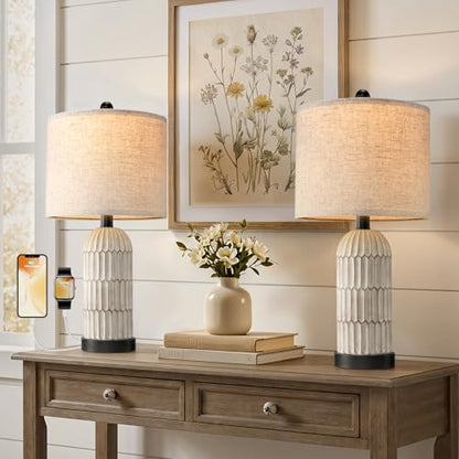 Table Lamp Set of 2 for Bedroom Living Room with USB A+C Charging Ports Modern Farmhouse Bedside End Lamps Rustic Nightstand Lamps