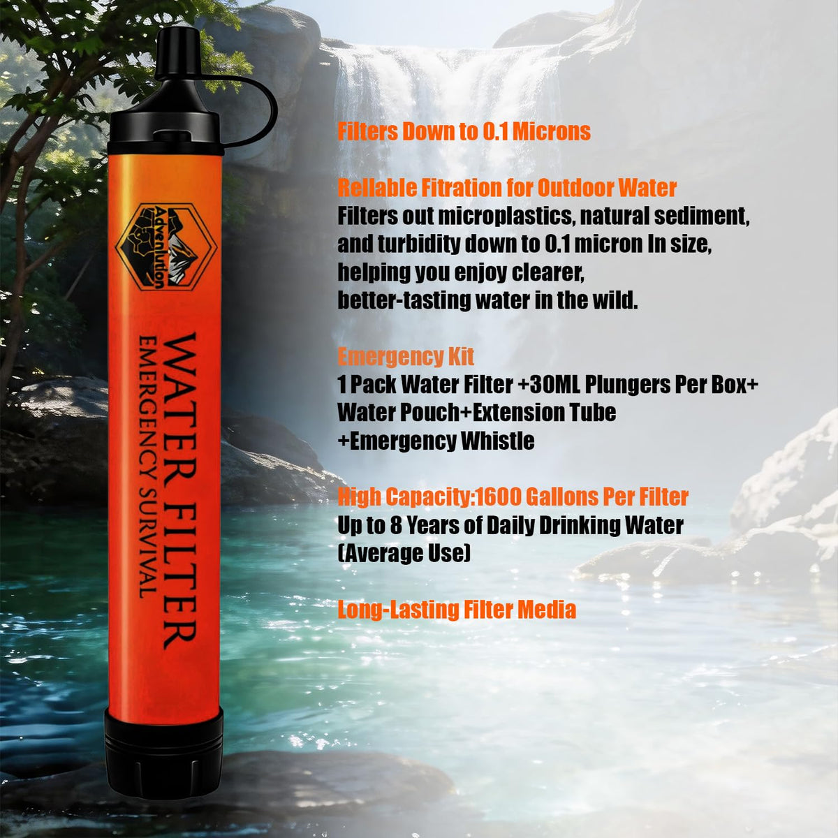 High Capacity Survival Water Filter Straw Kit with Emergency Whistle (1-Pack(Orange) / 1-Pack)