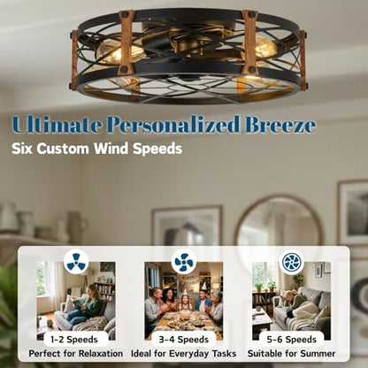 20" Black Farmhouse Caged Ceiling Fan with Light & Remote (Black)