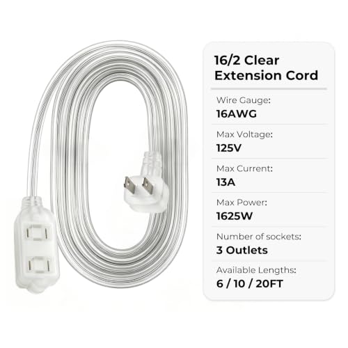 Clear Extension Cord with Multiple Outlets 2 Prong 16 Gauge
