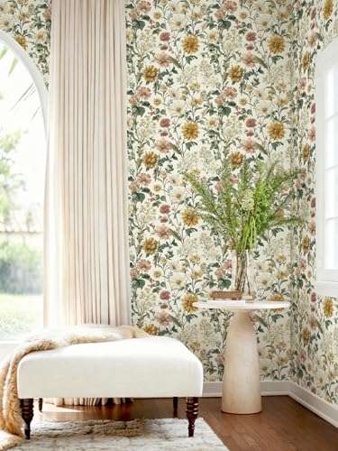 Floral Peel and Stick Wallpaper Vintage Floral Contact Paper Boho Flower Wallpaper Peel and Stick Removable Self Adhesive Wall Paper for Cabinets Bathroom Decorative Vinyl