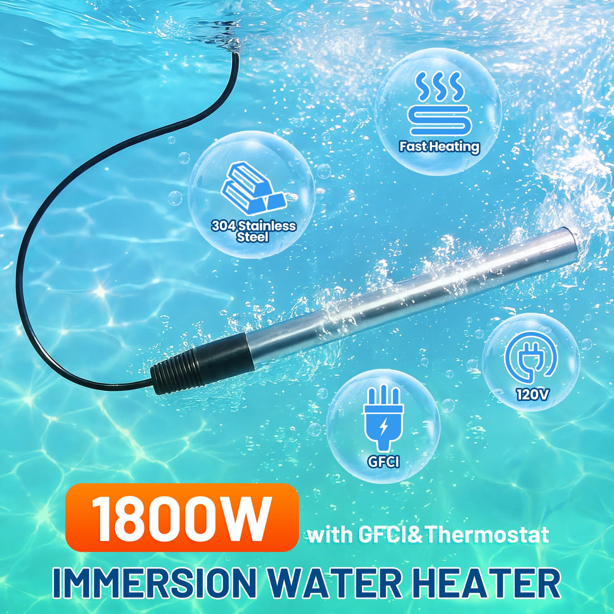 1800W Portable Immersion Water Heater with GFCI & Thermostat (Charcoal)
