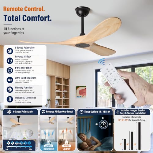 3 Blade Natural Wood Ceiling Fan No Light