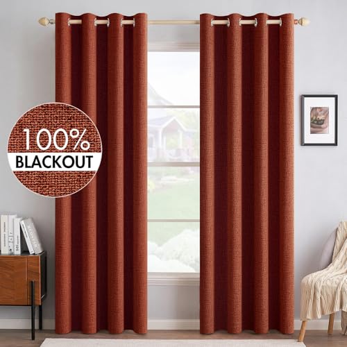 100% Blackout Linen Curtains for Bedroom 52x96 Inches Burnt Orange (Burnt Orange / 52"W x 96"L (Pack of 2))