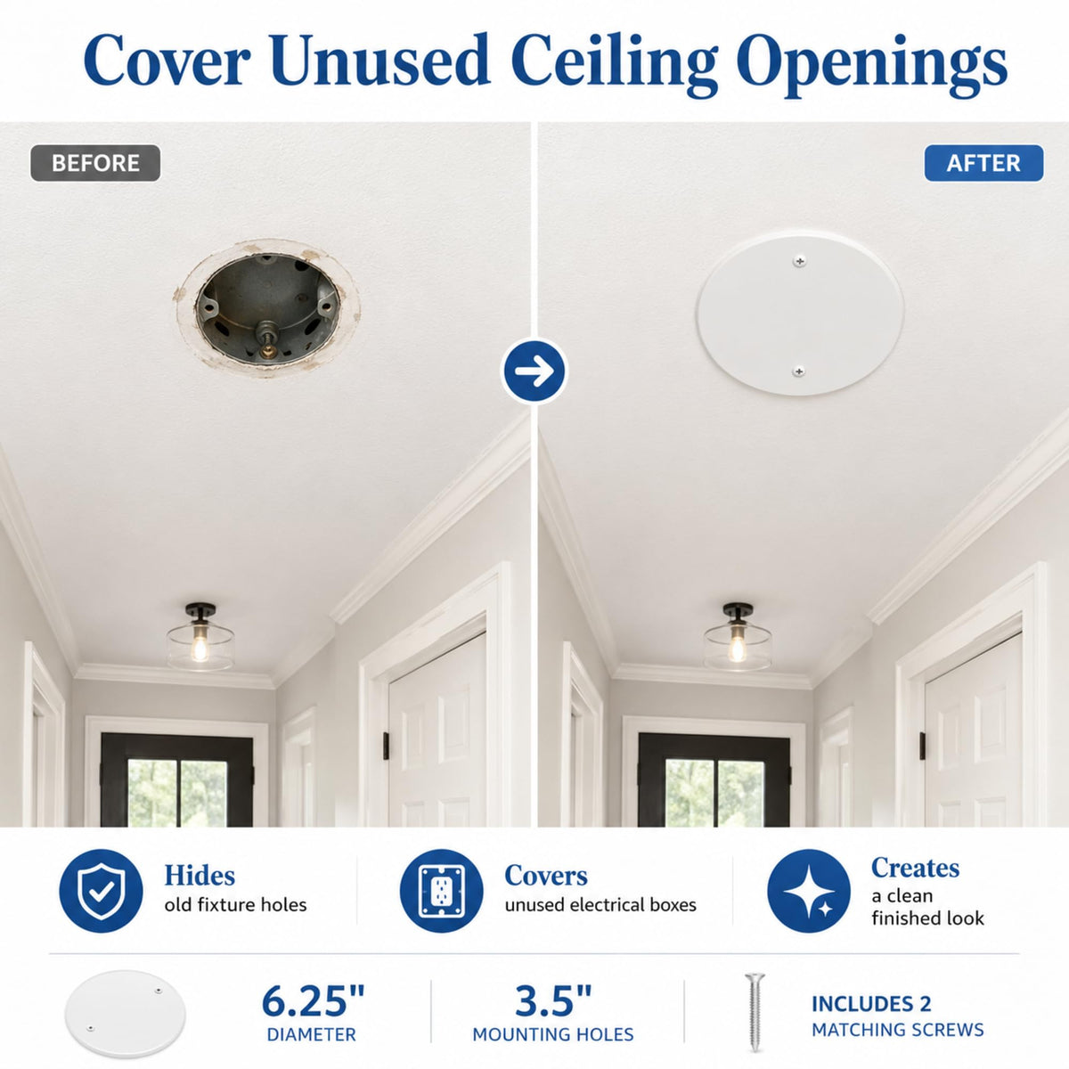 2 Pack 6.25 Inch Ceiling Cover Plate with 3.5" Mounting Hole Spacing