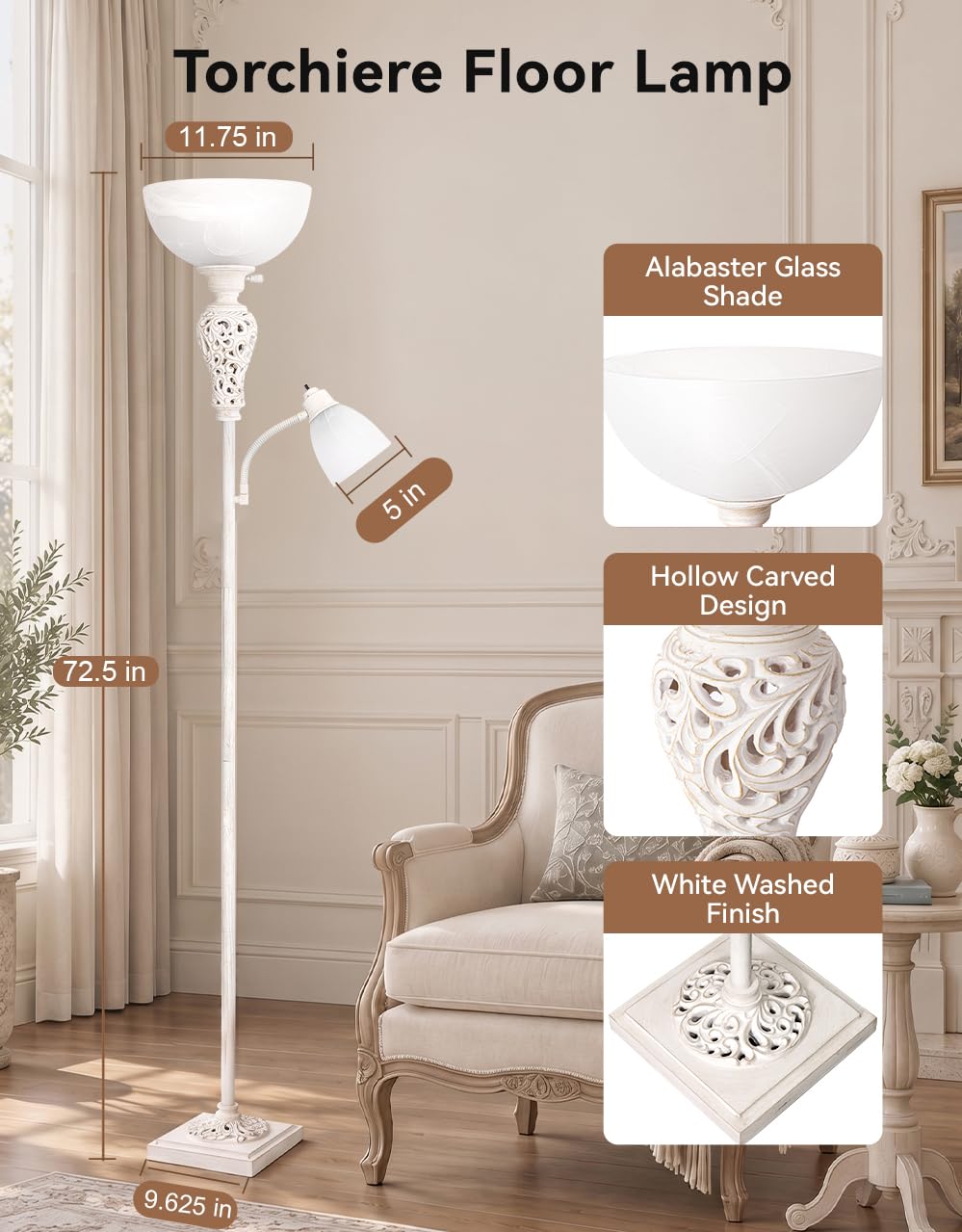 Torchiere Floor Lamp with Adjustable Reading Light for Living Room Corner (Washed White)