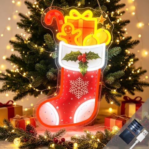 Christmas Stocking Neon Sign Dimmable Xmas Gingerbread Man Led Neon Light (Colorful-Christmas sock)