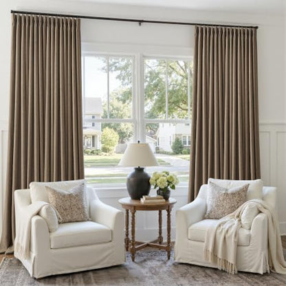 Dark Flax 90 Inch Pinch Pleat Blackout Linen Curtains for Bedroom Living Room 2 Panels Memory Trained 100% Black Out Soundproof Room Darkening 50x90 Inch Window Curtains Double Layer Pleated Drapes (Dark Flax / 50"W x 90"L (Pack of 2))