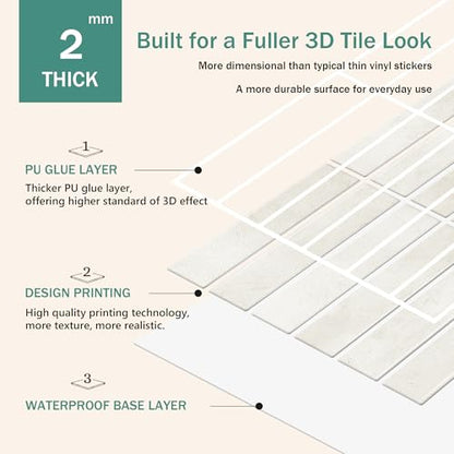 10 Sheet Peel and Stick Backsplash White Stick on Tile
