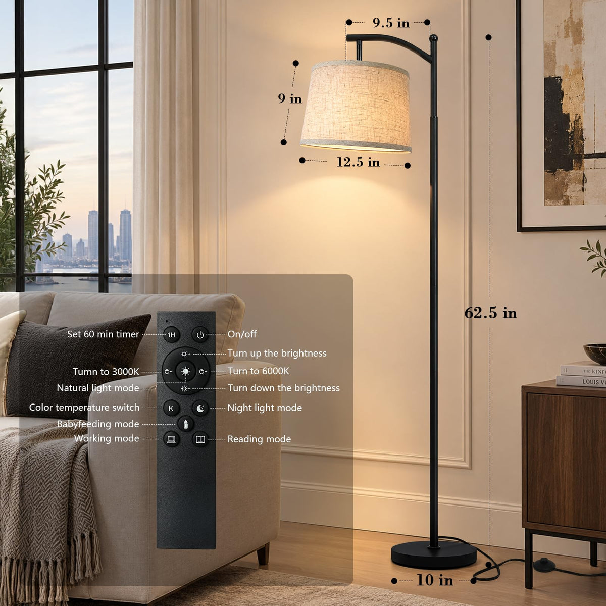 Arc Floor Lamp Standing Lamps with Remote (Black-Remote Control)