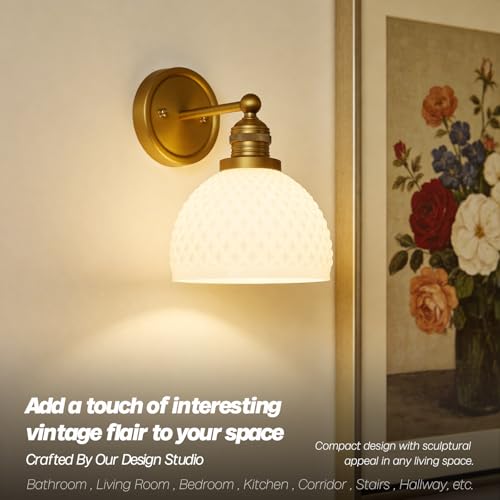 Brass Wall Sconce Vintage Milk White Glass Vanity Light Hardwired Gold Wall Mounted Lamp for Bathroom Mirror to Elevate Decor & Refresh Older Home’s Look E26