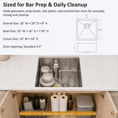 18 Inch Bar Sink Undermount (Stainless Steel / 18" x 18"x 8")