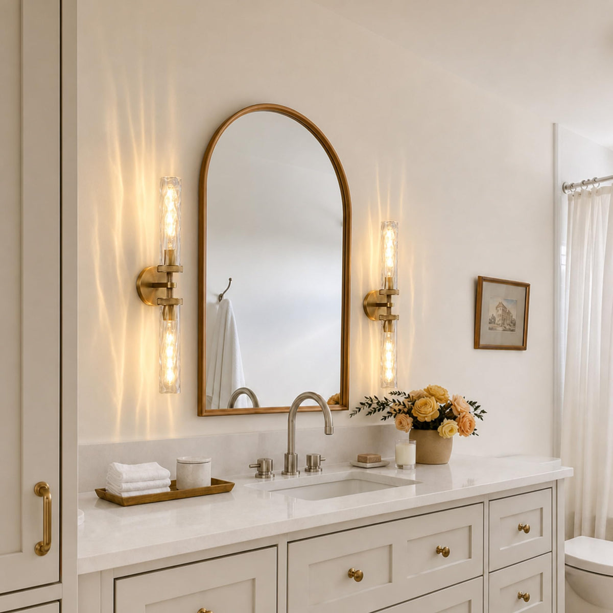 24in Bathroom Sconces with Water Ripple Glass (Brass / 24in-2PK)