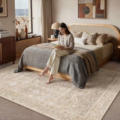 6x9 Area Rugs Retro Beige Washable Rug (Beige / 6' x 9' (Rectangular))