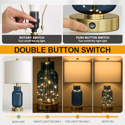 Glass Table Lamps Set of 2 with Nightlight for Bedroom