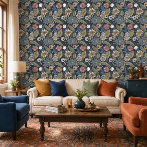 Vintage Dark Blue Boho Floral Peel and Stick Wallpaper 17.4"x393.5" (Blue with Pink / 17.4" x 393.5")