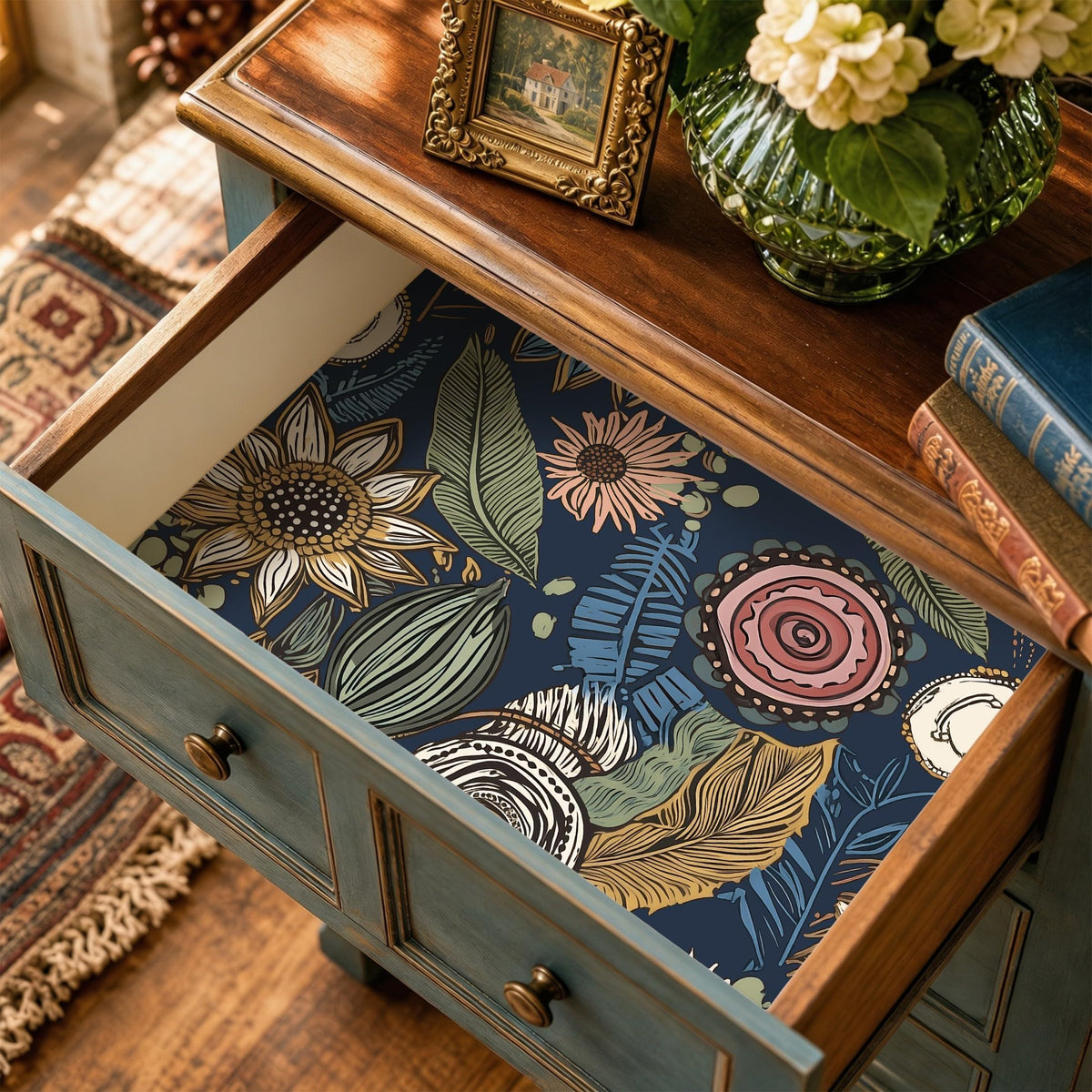 Vintage Dark Blue Boho Floral Peel and Stick Wallpaper 17.4"x78.8" (Blue with Pink / 17.4" x 78.8")