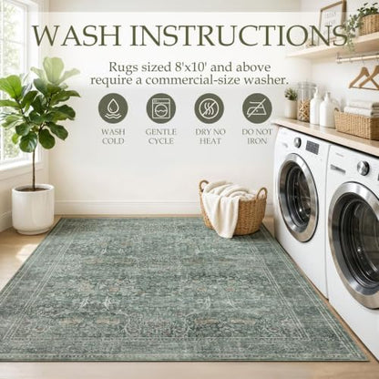 Runner Rug 2x6 Washable Vintage Floral Rug (Moss Green / 2' x 6' (Rectangular))