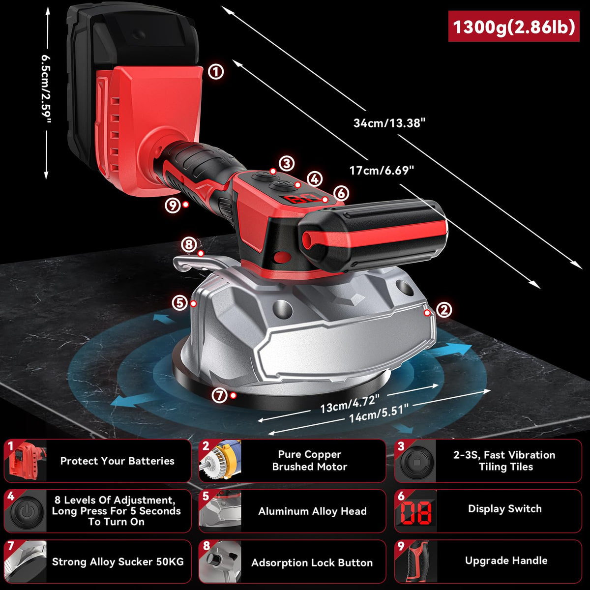 Cordless Tile Vibration Tool Compatible with Milwaukee 18V (Red -8 Speed)