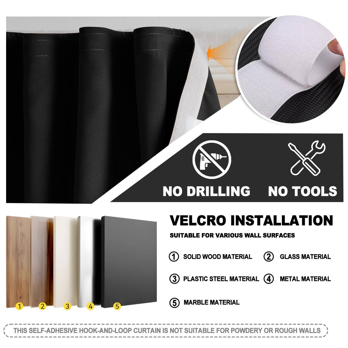 Adhesive Curtain Blackout Curtains for Privacy (Black / 59"W x 59"H)