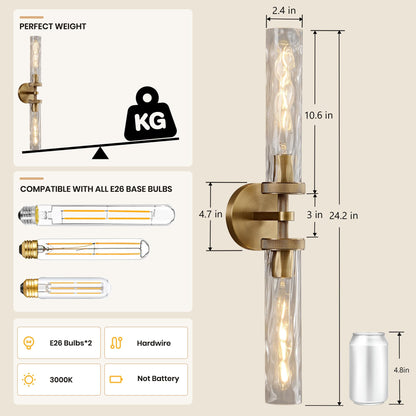 24in Bathroom Sconces with Water Ripple Glass (Brass / 24in-2PK)