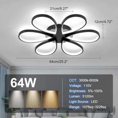 Modern Led Ceiling Light 25inch Dimmable Flush Mount Ceiling Light with Remote Control 6 Rings Close to Ceiling Lamp Fixtures for Kitchen Dining Room Bedroom Living Room