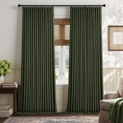 Olive Green Pleated Linen Blackout 96 Inch Curtains for Bedroom Living Room (Loden / 50"W x 96"L (Pack of 2))