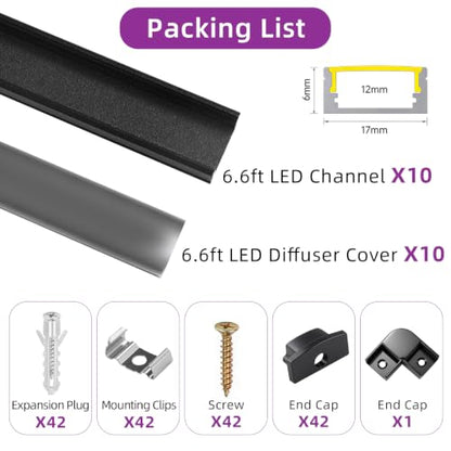 10 Pack LED Aluminum Channel U Shape LED Strip Diffuser Track with Black Cover Easy Installation