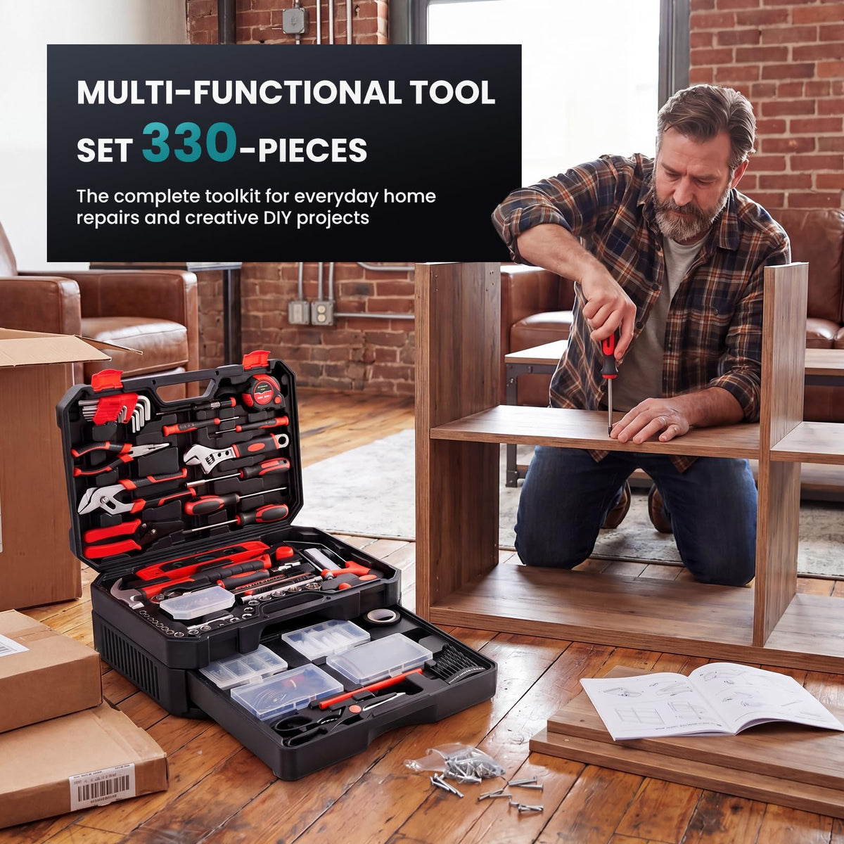 330 Piece Home Repair Tool Kit with Pull (Black Red / 15.7)