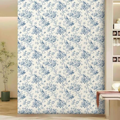 Blue Floral Bird Peel and Stick Wallpaper