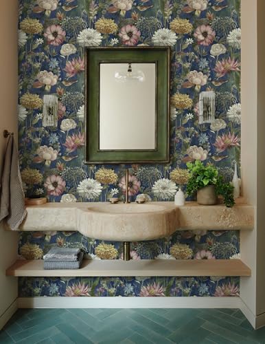 Vintage Floral Wallpaper Peel and Stick Dark Blue Floral Peel and Stick Wallpaper Boho Flower Leaf Contact Paper Bird Self