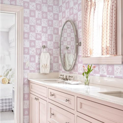 Contact Paper Checkered Wallpaper Modern Peel and Stick Wallpaper (17.3" x 78.7" / Pink and White)