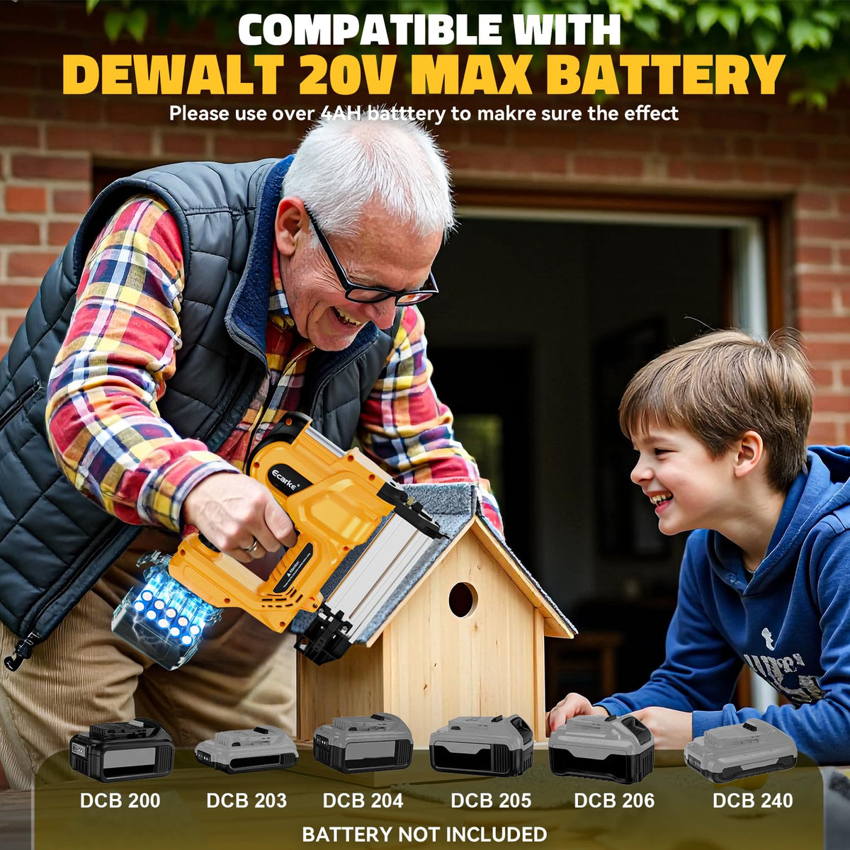 Cordless 2 Inch Brad Nailer Compatible with DeWalt 20V Battery (Yellow)