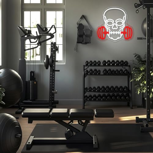 Skull Barbell Halloween Neon Sign for Wall Decor Halloween Neon Light Red Dumbbell LED Sign Fitness Neon Light Sign Gym Neon Light for Halloween Man Caves Bar Game Room Fitness Club Decoration (Dumbbell Skull)