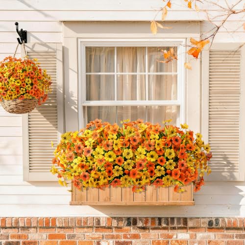 24 Pcs Artificial Mums for Outdoors Planters Fake Flowers Fall Decor (Orange Yellow / 24 PCS)
