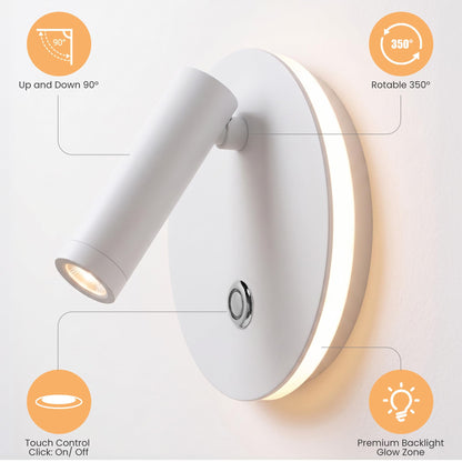 6W LED Bedside Wall Sconce with Switch (White 2Pcs)